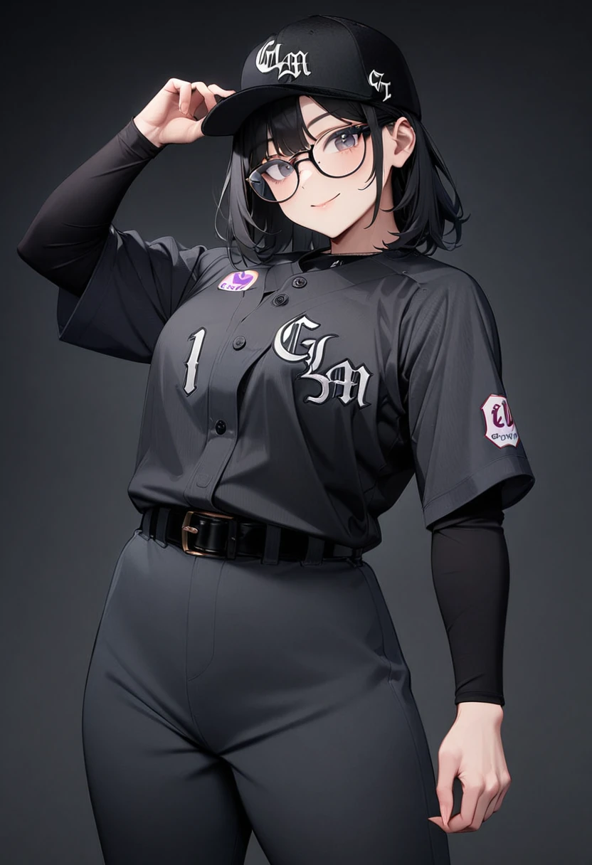 masterpiece, best quality, very aesthetic, absurdres,
1girl, solo,  glasses, black hair, medium hair, smile, looking at viewer, 
clm, baseball uniform,  facial hair, baseball cap, belt, looking at viewer, pants, black background, black shirt, shirt, closed mouth, black belt, black hair, simple background, cowboy shot, long sleeves
 <lora:ChibaLotteMarinesNCE20024_SDXL_V1:0.8>