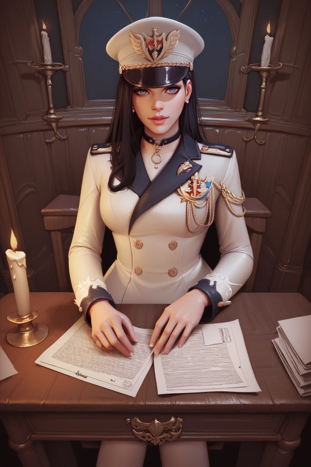 score_9, score_8_up, score_7_up, masterpiece, high quality,  <lora:BlackfangPonyLora:0.8> 1girl, long hair, hat, military uniform, sitting behind a desk. papers on desk, candle, dark , at night