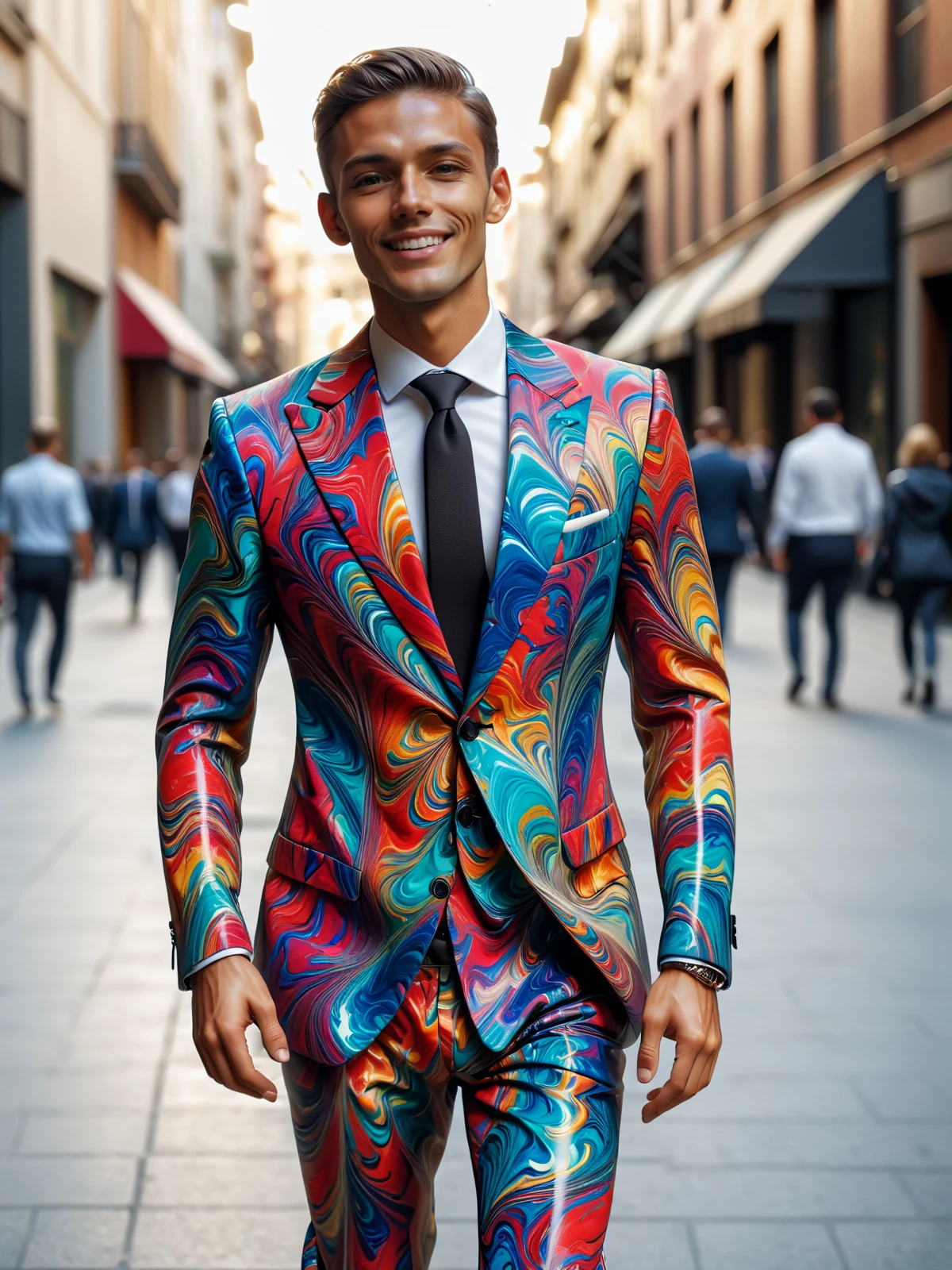 man wearing a colorful mad-marbled-paper suit walking through city, dynamic_pose, from side, light smile, cinematic shot <lora:Colorful_Marbled_Paper_SDXL_v2:1>, masterpiece, best quality, ultra high res, (photorealistic, realistic:1.2), deep shadow, raw photo, film grain, Fujifilm XT3, 8k uhd, dslr