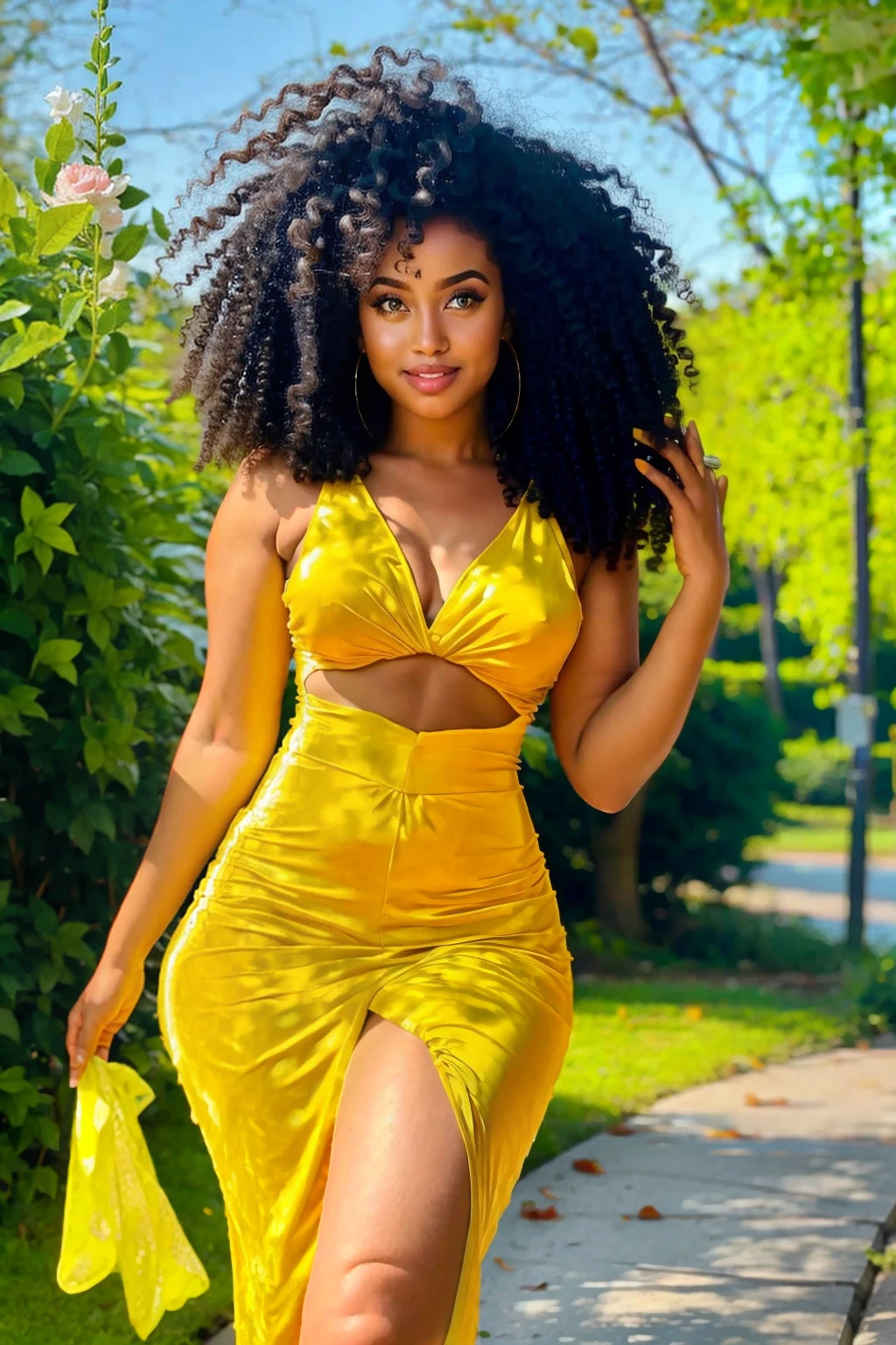 dark brown skin girl,16 years old, huge gorgeous afro hair and big eyes, wearing a yellow dress and a yellow, soft expression. semi realistic. flat figure