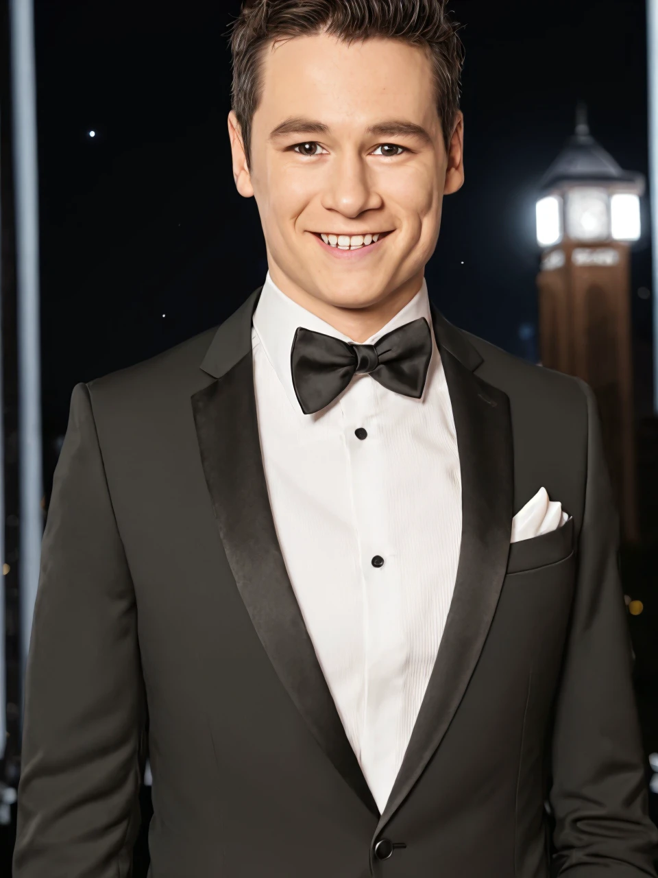 wearing formal black and white tuxedo, bowtie, smiling, muscular (upper body), (short hair), (nighttime:1.3), moonlight:1.2, detailed background, ultra quality, Canon EOS 5D Mark IV, studio lighting, film grain,  (((masterpiece))), (((best quality))), <lora:Kyle_Allen:1>, kyleallen