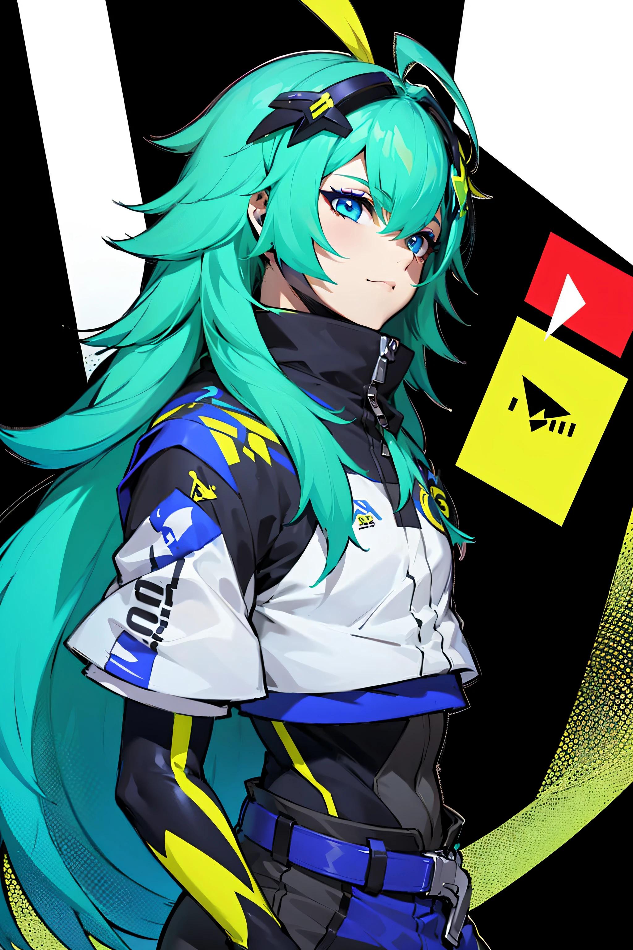 <lora:Zata S-Dreamer:0.8>,Zata S-Dreamer, (1boy:1.4), male focus, solo, long hair, very long hair, hair ornament, portrait, green hair, blue hair, aqua hair, ahoge, headgear, feathers, blue eyes, multicolored eyes, eyeshadow, hair between eyes, makeup, covered mouth, mask, mouth mask, black mask, high collar, bodysuit, jacket, cropped jacket, shirt, pants, black pants, short sleeves, gloves, black gloves, fingernails, claws, belt, zipper, pantyhose, boots, shoes, white footwear sneakers, glowing, power symbol, speech bubble, cube, patterned, neon trim, cat, simple background