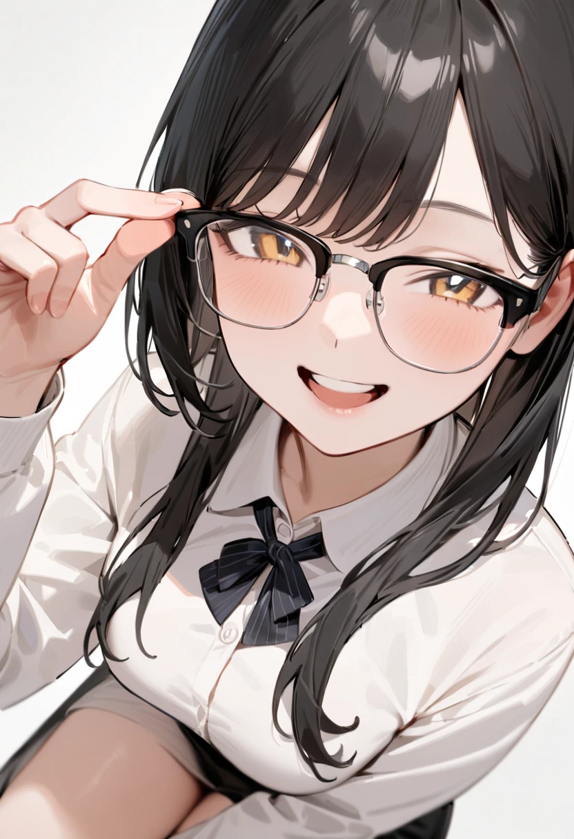 masterpiece, best quality, very aesthetic, absurdres,
1girl, solo, black hair, long hair,
sirmont16A, glasses,
collared shirt, happy, smile, looking at viewer, adjusting eyewear, white background, simple background,
<lora:glasses_sirmont1_SDXL_V1:1>