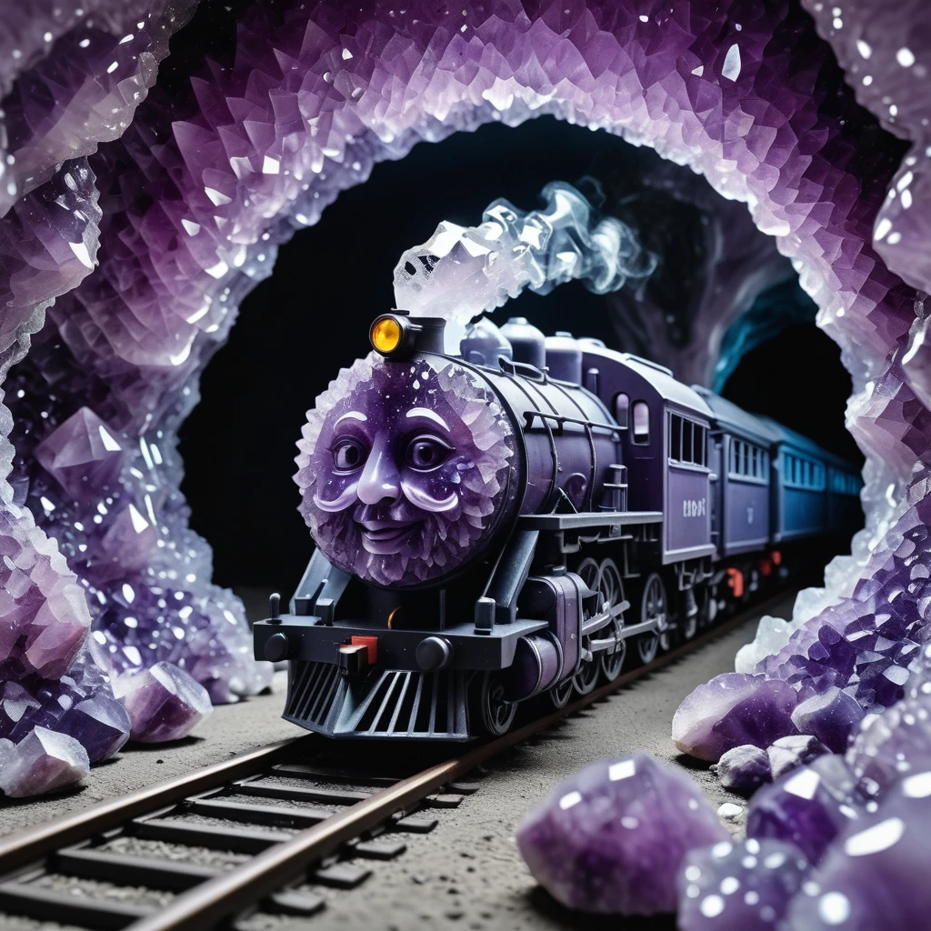 mdgd crystal geode steam train with a human face coming out of a tunnel<lora:crystal-geode:1>