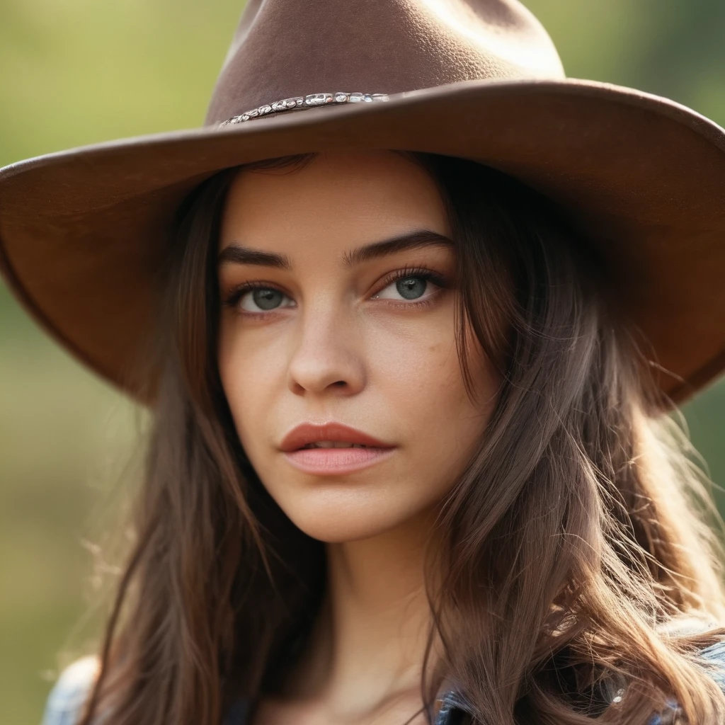 Skin texture, no makeup, Super high res closeup portrait photo of a woman outdoors with long hair wearing a classic cowboy hat, confident, f /2.8, Canon, 85mm,cinematic, high quality,looking at the viewer,   barxpalvin,   <lora:barpalvin_32_small_xl_4_standard_wo_cap-merger-11_29_69_04_036_024-barxpalvin:1>