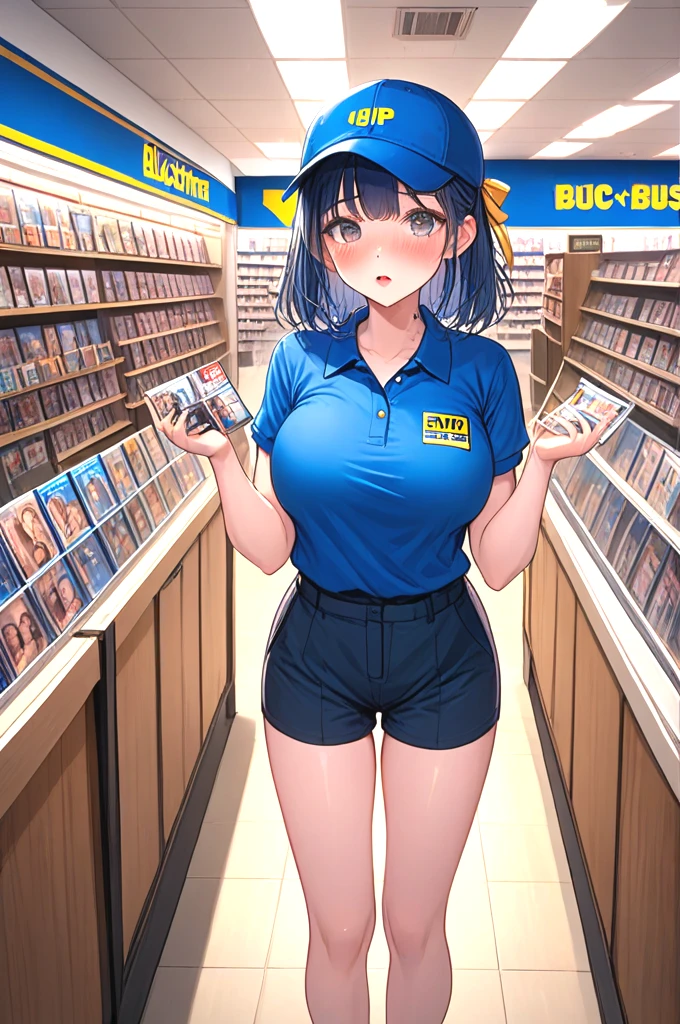 ((blockbuster)), ((2girls)), score_9, score_8_up, score_7_up, score_6_up, score_5_up,  score_4_up, solo, 1girl in short dress, holding a video rental store portrait cover goods, blue cap, blue polo shirt, pants, look at each other, indoor, counter, storefront, glass door, parted lips, different colors hair, big tits, ribbon, sweat, shy, blush, slim figure, <lora:girllikeblockbuster_pony:0.9>