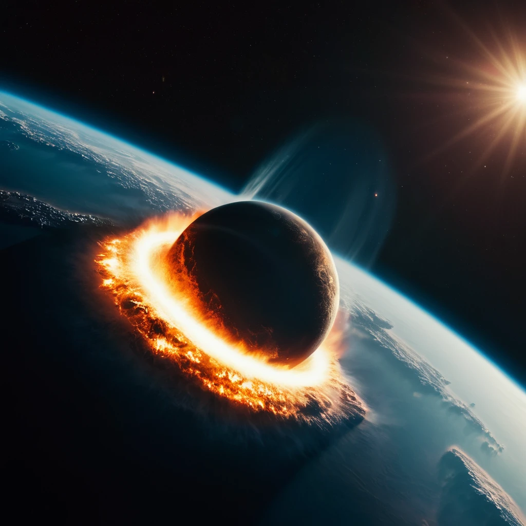 cinematic film still of  <lora:collision style:1>
A collision of a planet with a ring of fire coming out of it,sky,no humans,star (sky),scenery,starry sky,space,planet,earth (planet),galaxy , impact, crash, explosion, destruction, strike, wreck, smash, planet, outer-space, galaxy, cinematic, film, different color, real, collision style, shallow depth of field, vignette, highly detailed, high budget, bokeh, cinemascope, moody, epic, gorgeous, film grain, grainy