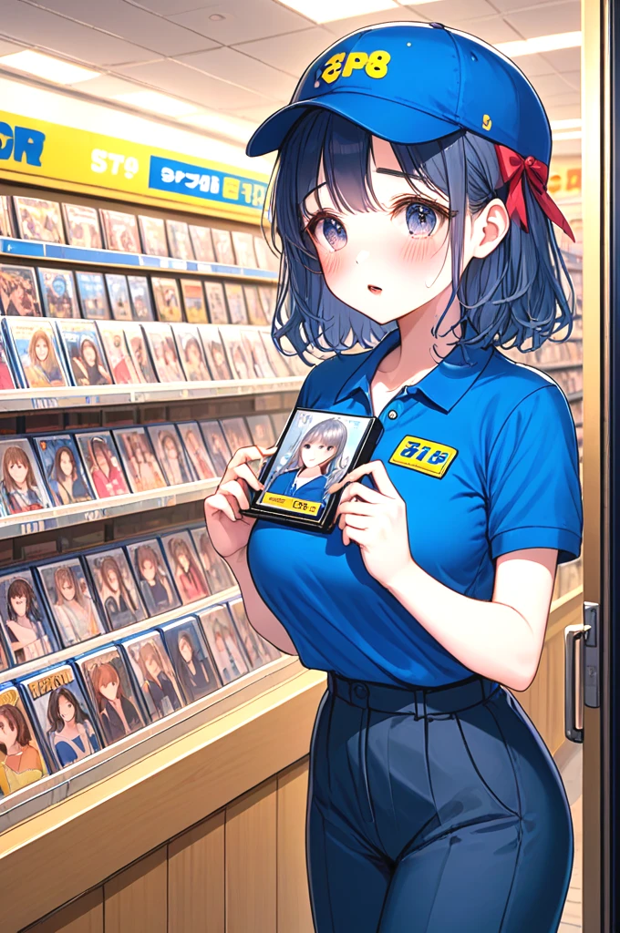 blockbuster, 2girls, score_9, score_8_up, score_7_up, score_6_up, score_5_up,  score_4_up, solo, 1girl in short dress, holding a video rental store portrait cover goods, blue cap, blue polo shirt, pants, look at each other, indoor, counter, storefront, glass door, parted lips, different colors hair, big tits, ribbon, sweat, shy, blush, slim figure, <lora:girllikeblockbuster_pony:0.9>