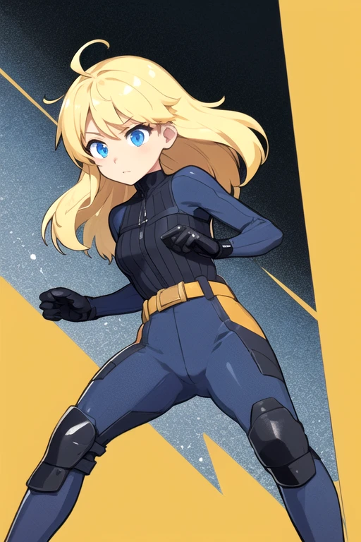 NaomiCPUCS, 1girl, solo, long hair, blue eyes, blonde hair, ahoge, belt, blue bodysuit, knee pads, animification, 