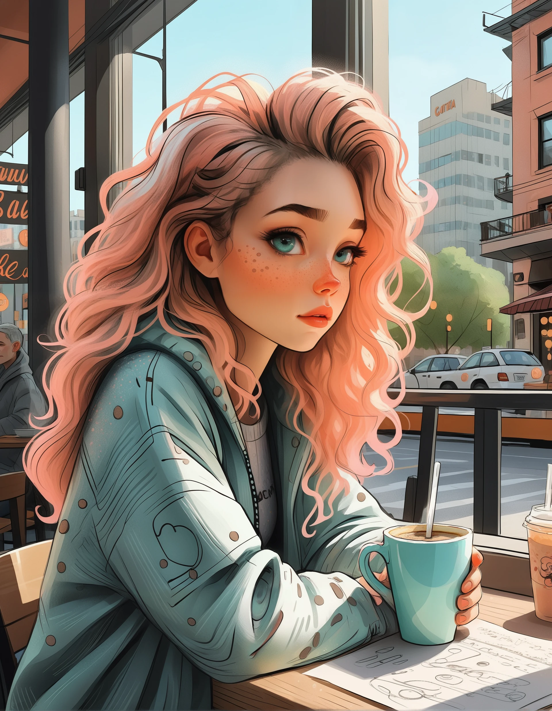 An illustration of a quirky girl with long curly hair, in the style of flat shading, Gemma Correll, with freckles, photo-manipulated, cyberpunk genre, pastel peach, she drinking coffee at a table in a cozy cafe, in the background, the city park is visible through the cafe window