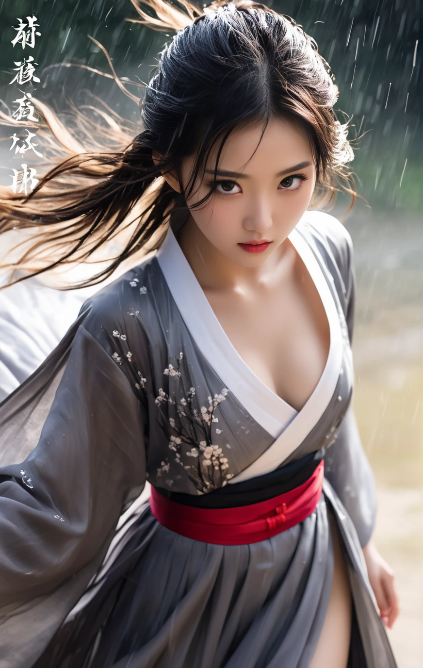 18 y.o chinese girl,gorgeous hanfu,(wind:1.2),(surprised look:1.1),(surprised expression:1.1),32k UHD,(eye close-up:1.5),Realistic,sexy,(smile:0.5),medium breasts,soft backlight,triangular face,((breeze)), flying splashes, flying petals, wind,(:o:1.3),from_above,
Realistic,Masterpiece,18 - year - old beautiful girl and monster,extremely delicate facial depiction,heavy rain,crazy body movements,exaggerated perspective,poster,androgyny,fashion,dramatic lighting,strong tones,distortion style,black forest,ink wash painting,traditional chinese text,