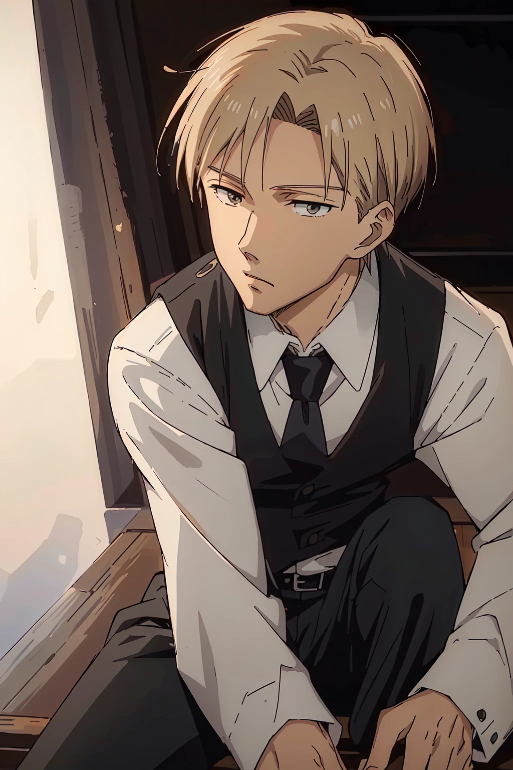 (((masterpiece,best quality,detailed,Anime style))),1boy,solo,Yashiro,(solid_eyes,detailed_eyes,black eyes:1,21),(blonde hair,suit vest,necktie,black pants),<lora:Yashiro_v1:0.8>,Rembrandt Lighting,