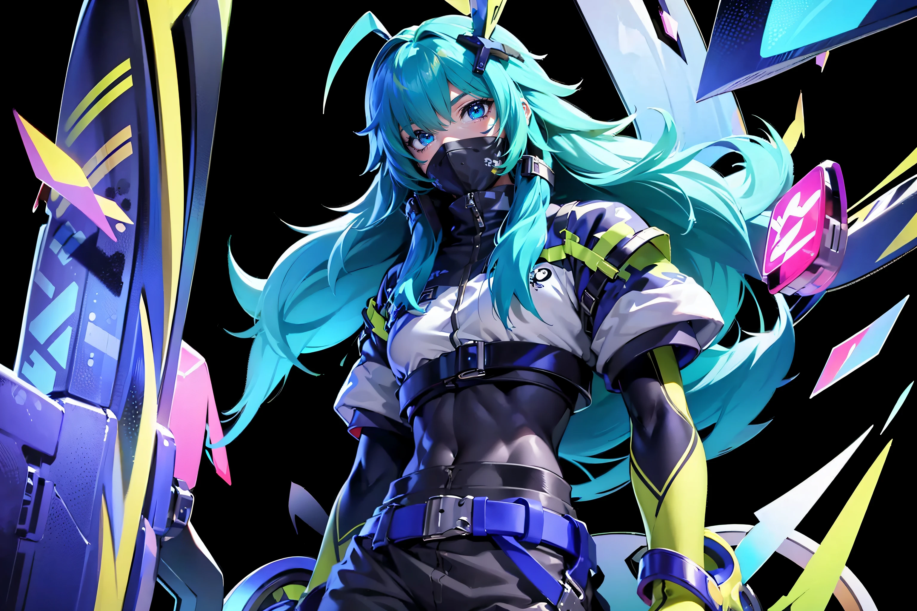 <lora:Zata S-Dreamer:0.8>,Zata S-Dreamer, (1boy:1.4), male focus, solo, long hair, very long hair, hair ornament, portrait, green hair, blue hair, aqua hair, ahoge, headgear, feathers, blue eyes, multicolored eyes, eyeshadow, hair between eyes, makeup, covered mouth, mask, mouth mask, black mask, high collar, bodysuit, jacket, cropped jacket, shirt, pants, black pants, short sleeves, gloves, black gloves, fingernails, claws, belt, zipper, pantyhose, boots, shoes, white footwear sneakers, glowing, power symbol, speech bubble, cube, patterned, neon trim, cat, simple background, highres,absurdres,masterpiece,best quality,original,extremely detailed CG,extremely detailed wallpaper,perfect lighting,looking at viewer,1girl,blurry background,bare hands,