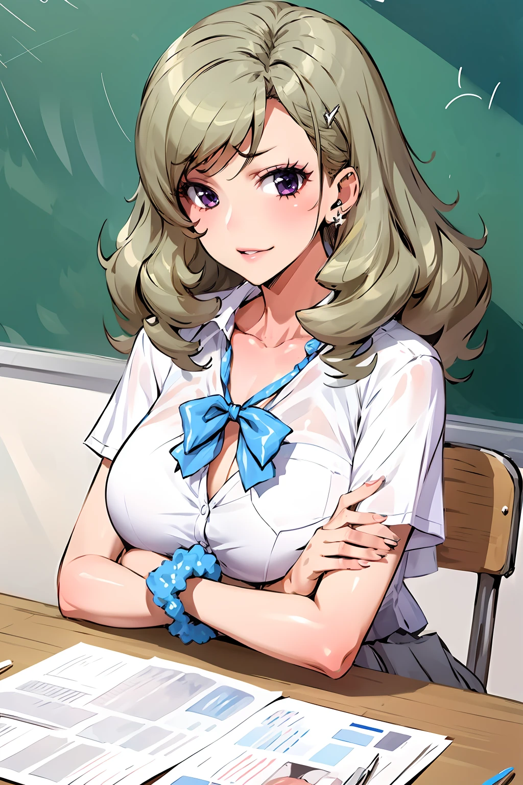 masterpiece, high quality, best quality, bitchko, purple eyes, kogal,  solo, school uniform, white shirt, gray skirt, scrunchie,  <lora:Bitchko1:1> upper body, resting, head on arm, on desk