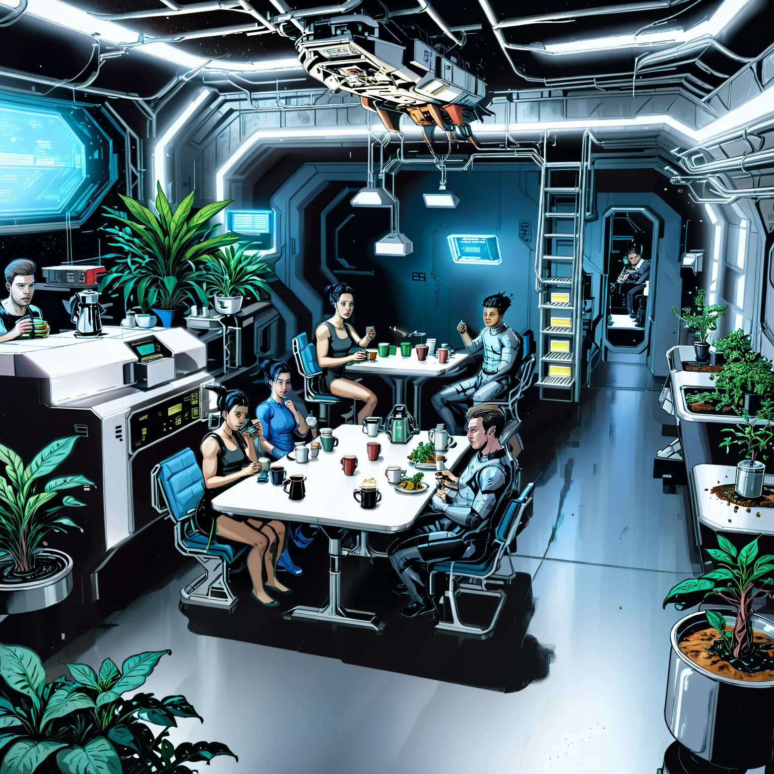 a small group of people eating at a time, expnscom, science fiction, space ship, mess hall, plants, coffee machine, close view,