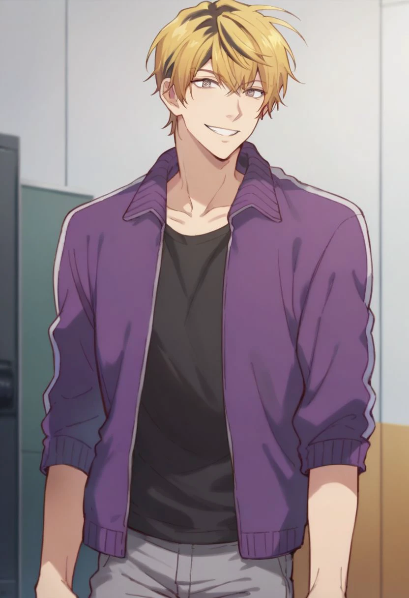 (score_9, score_8_up:1.1), score_7_up, tokimichi usahara, 1boy, solo, blonde hair, black hair, two-toned hair, grey eyes, purple jacket, black shirt, grey pants, smile, looking at viewer, studio, rainbow, cameras