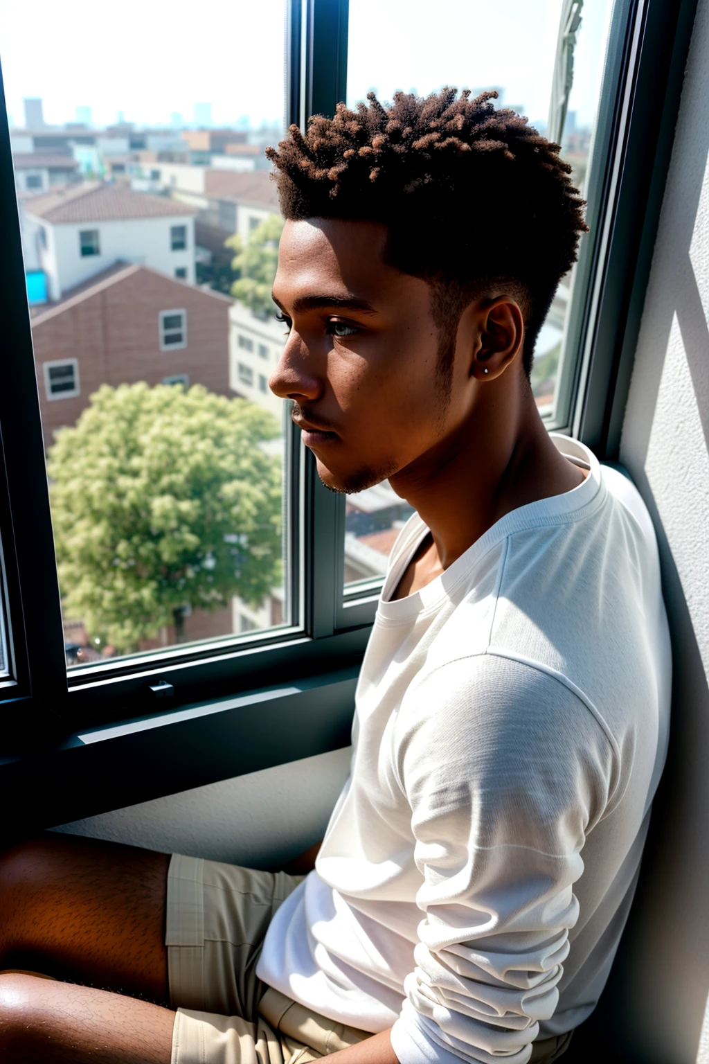Bird's eye view 8k photography, (Plain clean young man on window sill:1.3), (Volumetric lighting:1.3), Casual street wear, Sitting peacefully, Gazing out, (Realistic skin texture:1.2), Hair detail, Biodegradable confetti fields, Busy surroundings, Captured with a high-resolution camera, Hyper-detailed clarity, Crisp colors