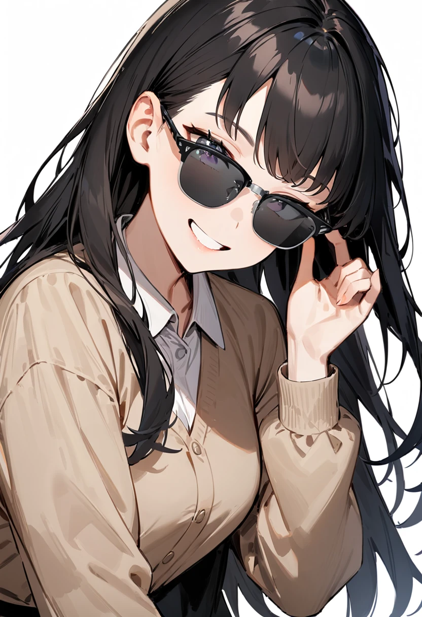 masterpiece, best quality, very aesthetic, absurdres,
1girl, solo, black hair, long hair,
sirmont, sunglasses, grey-tinted eyewear, black-framed eyewear, grey-framed eyewear, two-tone eyewear,
collared shirt, happy, smile, looking at viewer, adjusting eyewear, white background, simple background,
 <lora:sunglasses_CLUBMASTER_SDXL_V1:1>