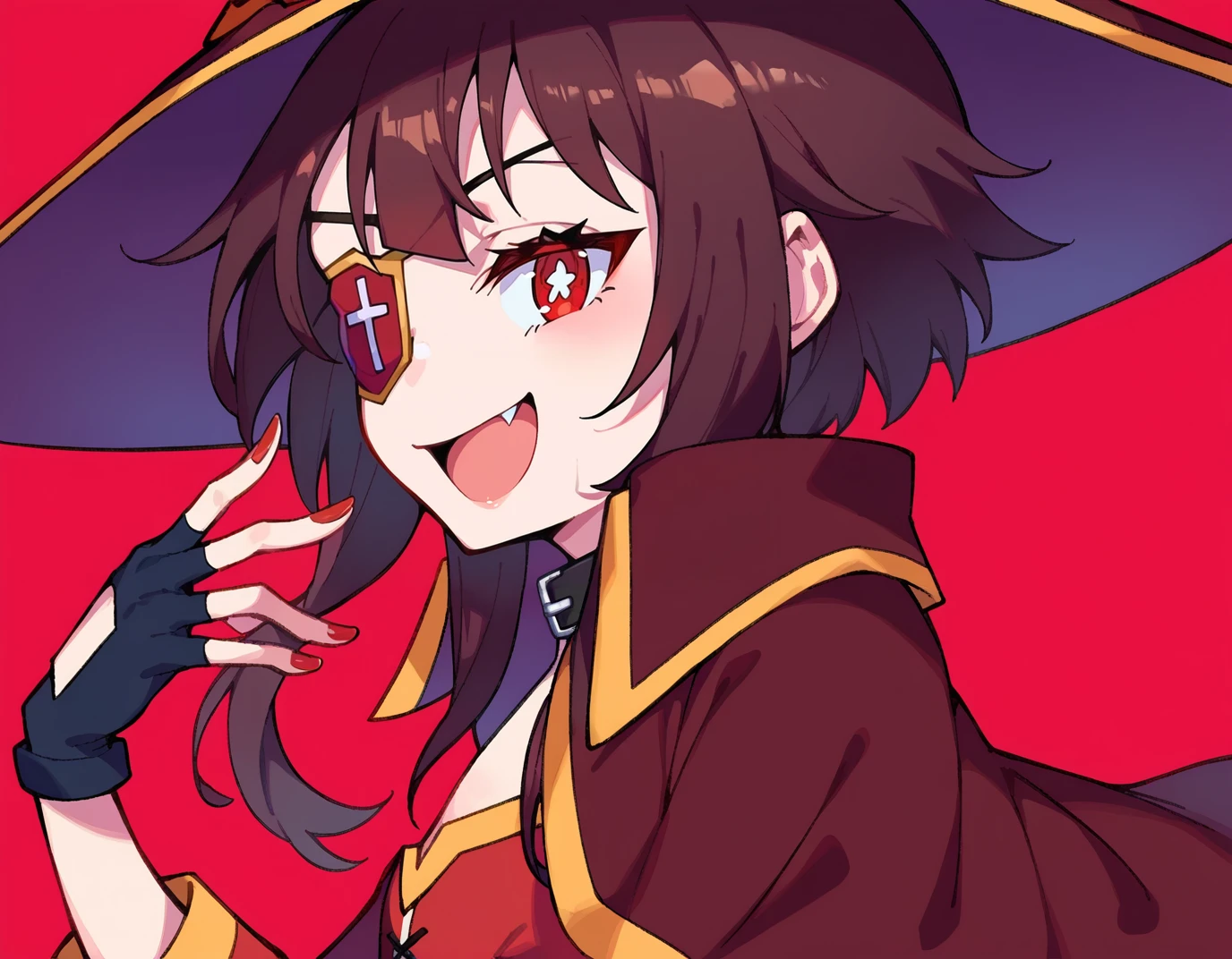 score_9, score_8_up, score_7_up, score_6_up, source anime, BREAK
<lora:konosuba_megumin:0.8> nimugempnxl, megumin, 1girl, solo, short hair with long locks, small breasts, from side,
fingerless gloves, witch hat, red nails, open mouth, looking at viewer, smile, skin fang, portrait, nail polish, eyepatch, collar, cape, :d, + +, symbol-shaped pupils