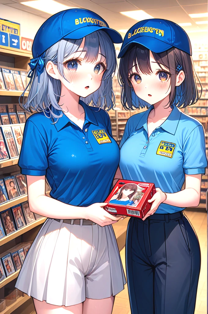 ((blockbuster)), ((2girls)), score_9, score_8_up, score_7_up, score_6_up, score_5_up,  score_4_up, solo, 1girl in short dress, holding a video rental store portrait cover goods, blue cap, blue polo shirt, pants, look at each other, indoor, counter, storefront, glass door, parted lips, different colors hair, big tits, ribbon, sweat, shy, blush, slim figure, <lora:girllikeblockbuster_pony:0.9>