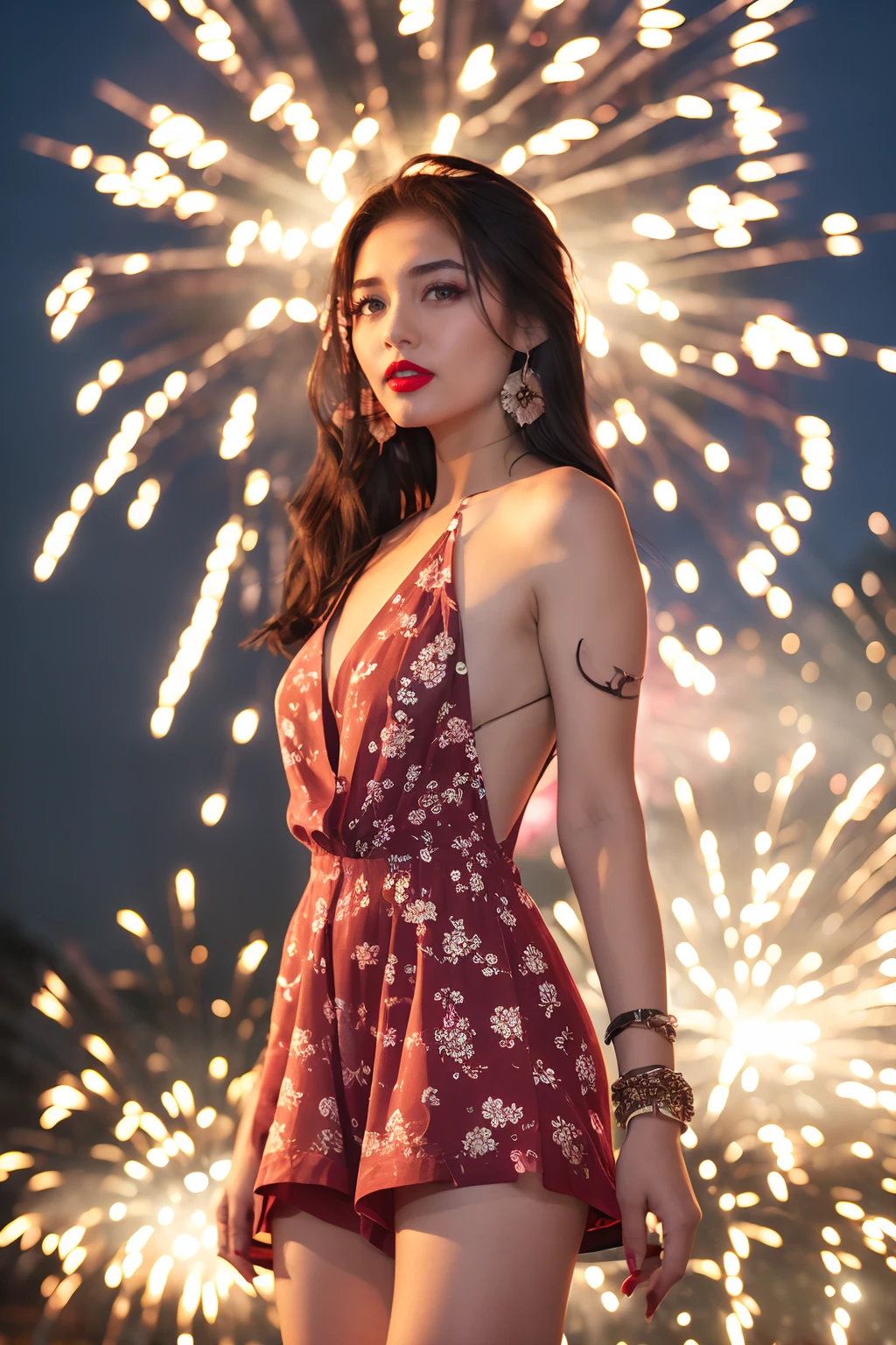 solo,1girl,dress,black hair,realistic,upper body,looking at viewer,red lips,elegant girl,(Floral_printed_romper:1.5),(Stacked_bangles:1.3),fire,fireworks,night,<lora:disillusion · fireworks:1>,