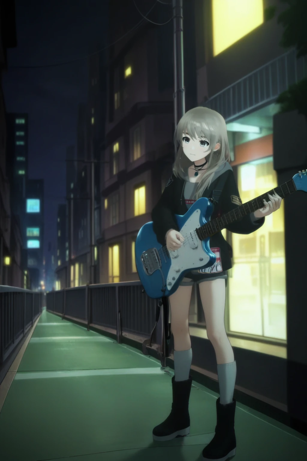 ,score_9, score_8_up, (score_7_up), source_anime,anime coloring,anime,(anime screencap),,zPDXL,
,detailed background,,outdoors, night sky, street, city lights, city, 
,instrument, holding instrument, guitar, holding guitar, 
 ,,black choker, , black jacket, choker,  , open clothes, , long sleeves, open jacket, necklace, jacket, jewelry, ,,(white socks:1.2),,Shorts, , boots
, Momoka Kawaragi, hair over shoulder, white hair, grey hair, grey eyes, brown eyes, blonde hair, bangs, 1girl, solo, , long hair,
,  <lora:Momoka Kawaragi_PonyXL_v1:1>