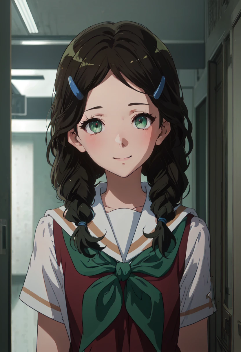 best quality, masterpiece, highres, solo, (saitou_aoi_soundeuphonium:1.10), serafuku, 1girl, kitauji high school uniform, green neckerchief, looking at viewer, upper body, blush, white sailor collar, closed mouth, brown shirt, smile, anime_style, 3 <lora:saitou_aoi_soundeuphonium:0.80>