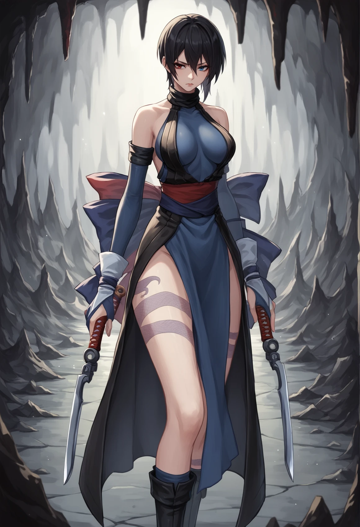 1girl, short hair, black hair, heterochromia, blue eyes, red eyes, body markings, japanese clothes, ninja, sash, bare shoulders, partially fingerless gloves, elbow gloves, ribbon, boots, sideboob, tattoo, leg tattoo, back tattoo, tantou, dual wielding, reverse grip, indoors, cave, cowboy shot, serious  <lora:Shiki_SS:1>, score_9, score_8_up, score_7_up, score_6_up, score_5_up, score_4_up, BREAK source_anime, masterpiece