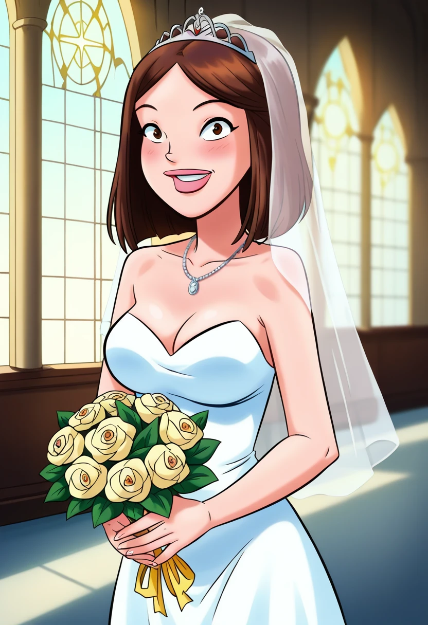 score_9, score_8_up, score_7_up, score_6_up, score_5_up,score_4_up BREAK retro artstyle,kimberly, 1girl, solo, cowboy shot,brown hair, bob cut, brown eyes,wedding dress,veil,,smile, blush,happy,holding bouquet,own hands together,looking at viewer,indoors, church, white light, altar,crowd,tiara,strapless,necklace, <lora:Kimberly_Renolds:1>