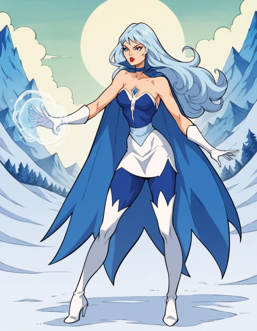 score_9, score_8_up, score_7_up, score_6_up, full body, hud_frosta_shera, 1girl, solo, long blue hair, blue eyes, tight blue and white short dress, strapless, bare shoulders, blue choker, cape, blue chest jewel, blue pantyhose, white thigh boots, white gloves,  magic, lipstick, retro artstyle, snow capped mountains, <lora:hud_frosta_shera_XLP:0.8>