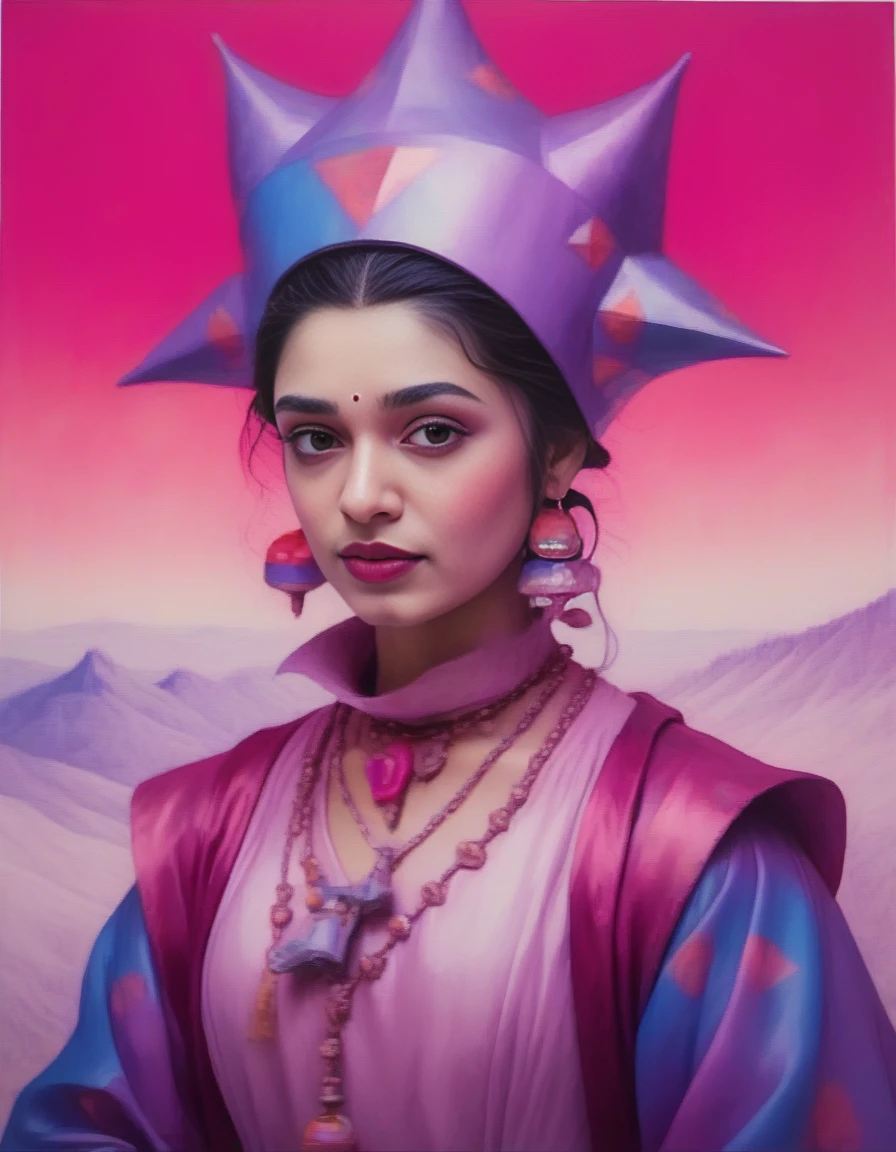 KrithiShetty, portrait,close up of a Woman, infused with ethereal color Court jester, wearing Wizard outfit, dense mountains, Hazy conditions, Surprising, Ceramic, Dada Art, Magenta hue, (art by Shigenori Soejima:0.8) , <lora:KrithiShettySDXL:1>