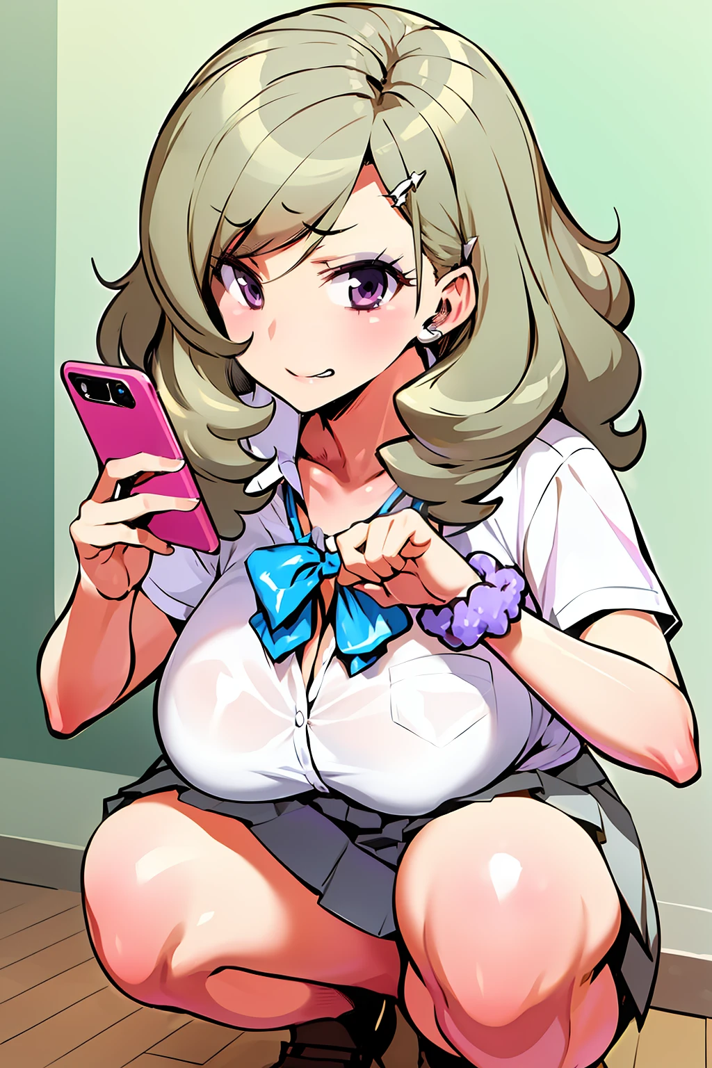 masterpiece, high quality, best quality, bitchko, purple eyes, kogal,  solo, school uniform, white shirt, gray skirt, scrunchie,  <lora:Bitchko1:1>, upper body, squatting, resting, makeup, holding phone