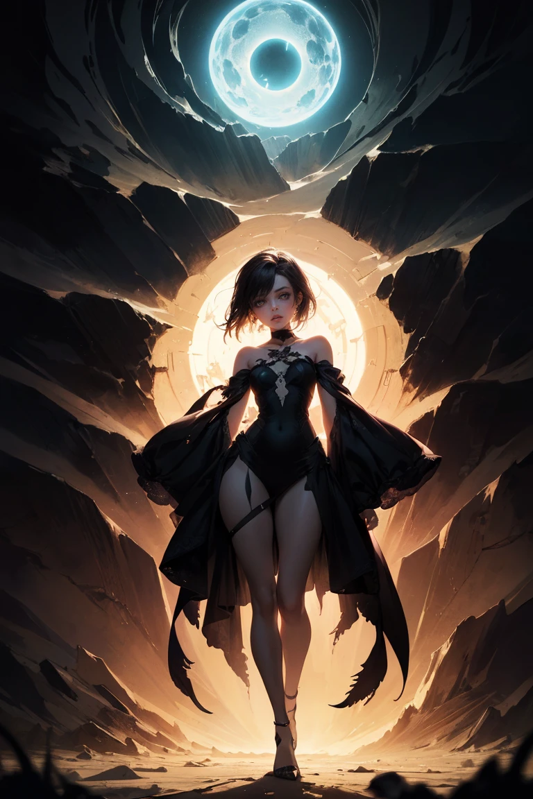 (masterpiece, best quality:1.3), (official art, beautiful and aesthetic:1.2), surreal,extreme detail,fine textures,deep shadows,dark,sharp lines, ((a beautiful, petite woman feels the passing of time)), somber colors, mysterious, (merging:1.2). cracked. (vortex:1.2). (perfect bright eyes:1.2). abstract background. (full body),