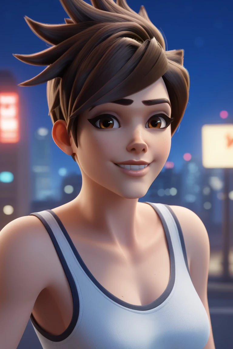 score_9, score_8_up, score_7_up, BREAK, <lora:owc-guy-PONYv1:1>, 1girl, solo, tracer \(overwatch\), portrait, upper body, smile, looking at viewer, depth of field, outdoors, night, night sky, city, tank top,