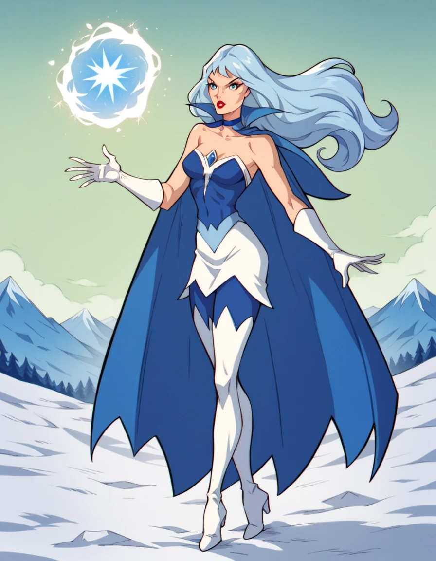 score_9, score_8_up, score_7_up, score_6_up, full body, hud_frosta_shera, 1girl, solo, long blue hair, blue eyes, tight blue and white short dress, strapless, bare shoulders, blue choker, cape, blue chest jewel, blue pantyhose, white thigh boots, white gloves,  magic, lipstick, retro artstyle, snow capped mountains, <lora:hud_frosta_shera_XLP:0.8>