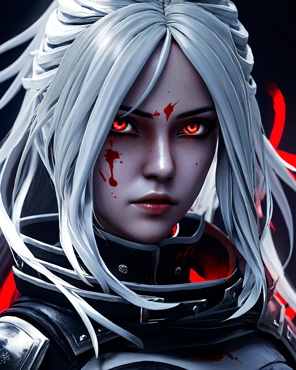 ((masterpiece)), (((best quality))), ((ultra detail)), 8k, (((high res))), ((illustration)), ((semi-realistic)), (reflections ), sharp focus, front lighting, intense shadows, ((beautiful detailed eyes)), eyelashes, (extremely delicate and beautiful girl), ((red eye color)), silver hair, (jacket), (pants), long hair , ((with mechanical detailed scythe in hand)), ((detailed eyes)), (cool), medium chest, shiny skin, cinematic lighting mask, ray tracing, depth of field, dynamic angle, looking at the viewer, ((epic background )), (blood on the face 1.2), (difficulty 1.4) ((macro, shooting, detail, face, eyes, nose, lips, eyebrows,)), ((extremely detailed and realistic skin texture)), ((extremely detailed and realistic eye texture)),