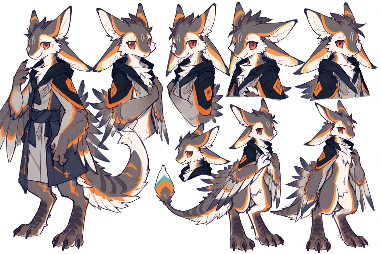 avali ,avali ,( <lora:ZAvali_Lora:1>:1.4) ,((ultra-detailed)),full body,(coat clothes:1), (four ears:1.5), raptor body , (fluffy chest,:0.7), sketch, ( (raptor hands:1),(winged arms:1.1),raptor rail ,( raptor small fingers)),red fur, front view, looking at viewer, stickers
solo , standing, simple pose
(by kame 3, by ingi, by reysi,)
<lora:easynegative:1> <lora:fluffyrock-quality-tags-v4.rc11.5:1>