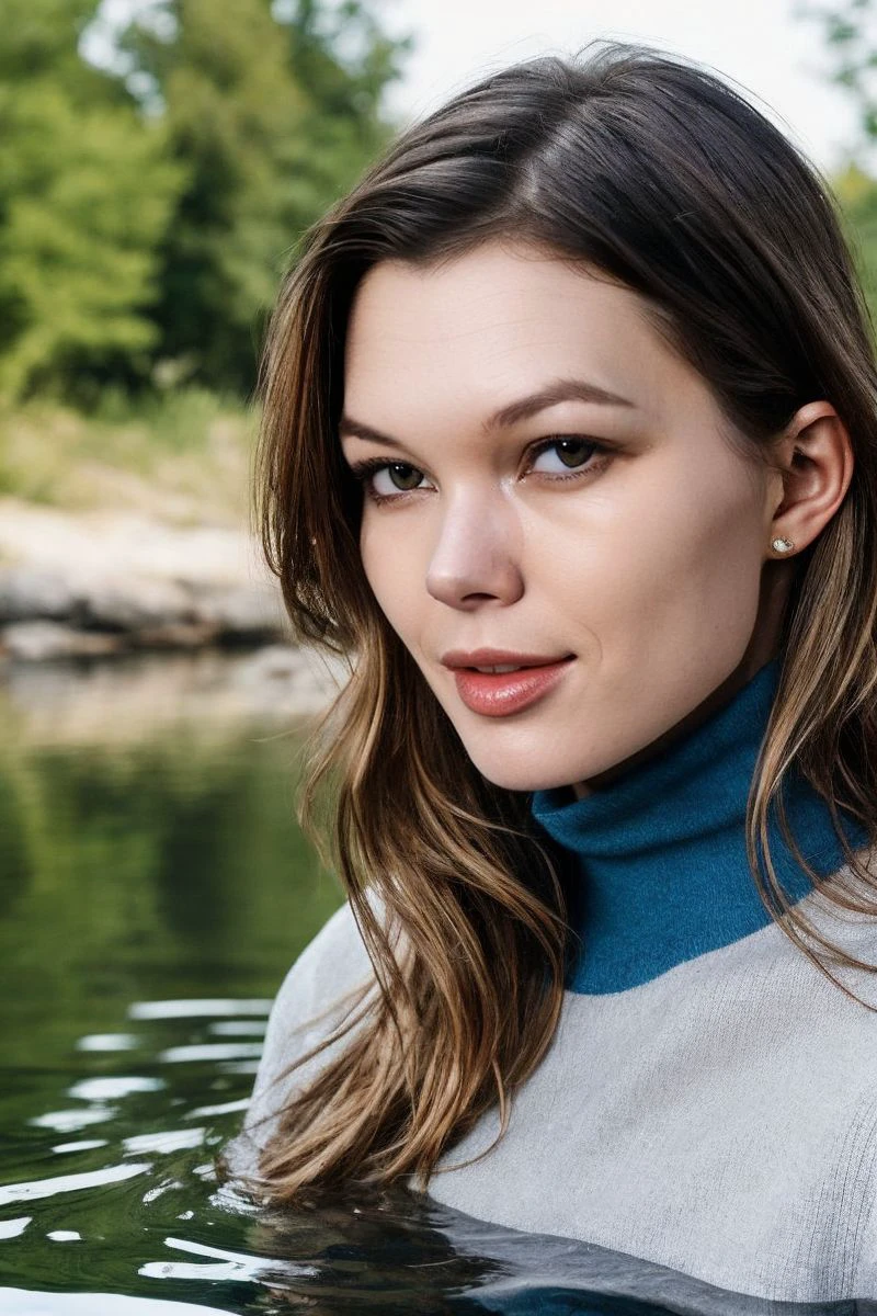 portrait of S381_StefaniaBeatty,a beautiful woman,in a (pond:1.1),wearing a (turtleneck-tshirt:1.1),(wet-hair),(4k, RAW photo, best quality, 35mm, depth of field, ultra high res:1.1),(intricate, photorealistic, cinematic-shot, masterpiece, ultra-detailed:1.1),