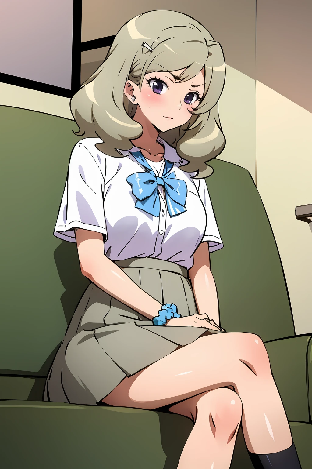 masterpiece, high quality, best quality, bitchko,  from_jk_bitchi_no_shiboretai, purple eyes, kogal, solo, scrunchie, school uniform, grey skirt, <lora:Bitchko:1>, BREAK sitting, crossed legs, on couch, cowboy shot