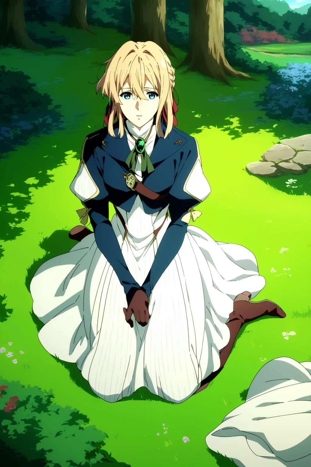 ,score_9, score_8_up, (score_7_up), source_anime,anime coloring,anime,(anime screencap),,zPDXL,
,detailed background,, bridges,, outdoors,, stone floor, , day, sitting,on grass, 
 F: ,blue jacket, brown gloves, cropped jacket, dress, gloves, green brooch, jacket, juliet sleeves, long sleeves, puffy sleeves,,,white dress, 
,knee boots, lace up boots, brown footwear,  high heel boots,,
,, violetevergarden,violet evergarden, blonde hair, blue eyes, hair ribbon, ribbon, short hair, braids, hair braids, red ribbon, mature female, 1girl, looking at viewer, full body, 
, <lora:Violet_Evergarden_PonyXL_v1:0.8>