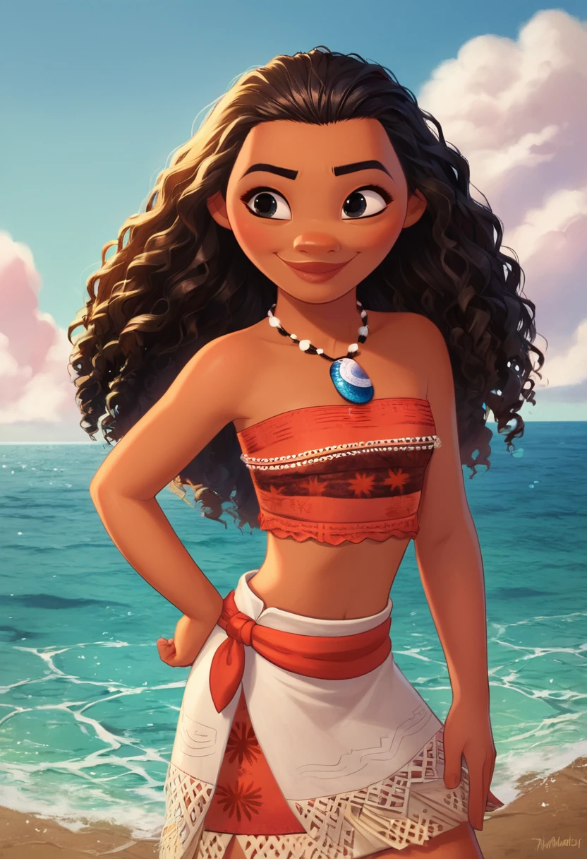 masterpiece,best quality, highly detailed, score_9, score_8_up, score_7_up, score_6_up,<lora:xl_more_art-full_v1:0.8>,
BREAK
 <lora:moanaXL:0.8>moana,1girl, solo, dark-skinned female, dark skin, jewelry, hand on hip, necklace, smile, long hair, tube top, ocean, cloudy sky, bare arms, cloud, outdoors, sky, water, horizon, skirt, strapless, curly hair, midriff, cowboy shot, bare shoulders, brown hair, artist name, lips, standing, black hair, black eyes, very dark skin, bandeau