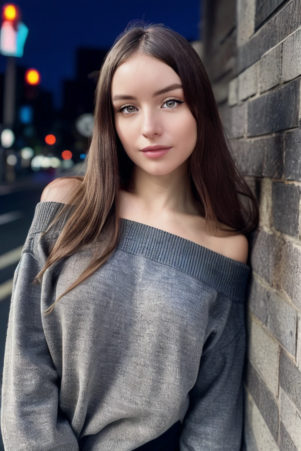 <lora:Malinkaa_Asmr_Lora:0.85>, photo of malinkaa, closeup portrait, posing, (vintage photo, sweater off-shoulder with a strap), Century Camera Co. Studio, 160mm f/8, 1/10s, 
ISO 25, ((tintype)), (analog, film, film grain:1.3), ((on Broadway street, night, gritty)), happy, 80s, ((detailed eyes)), (colorful), epiCRealism, epiCPhoto