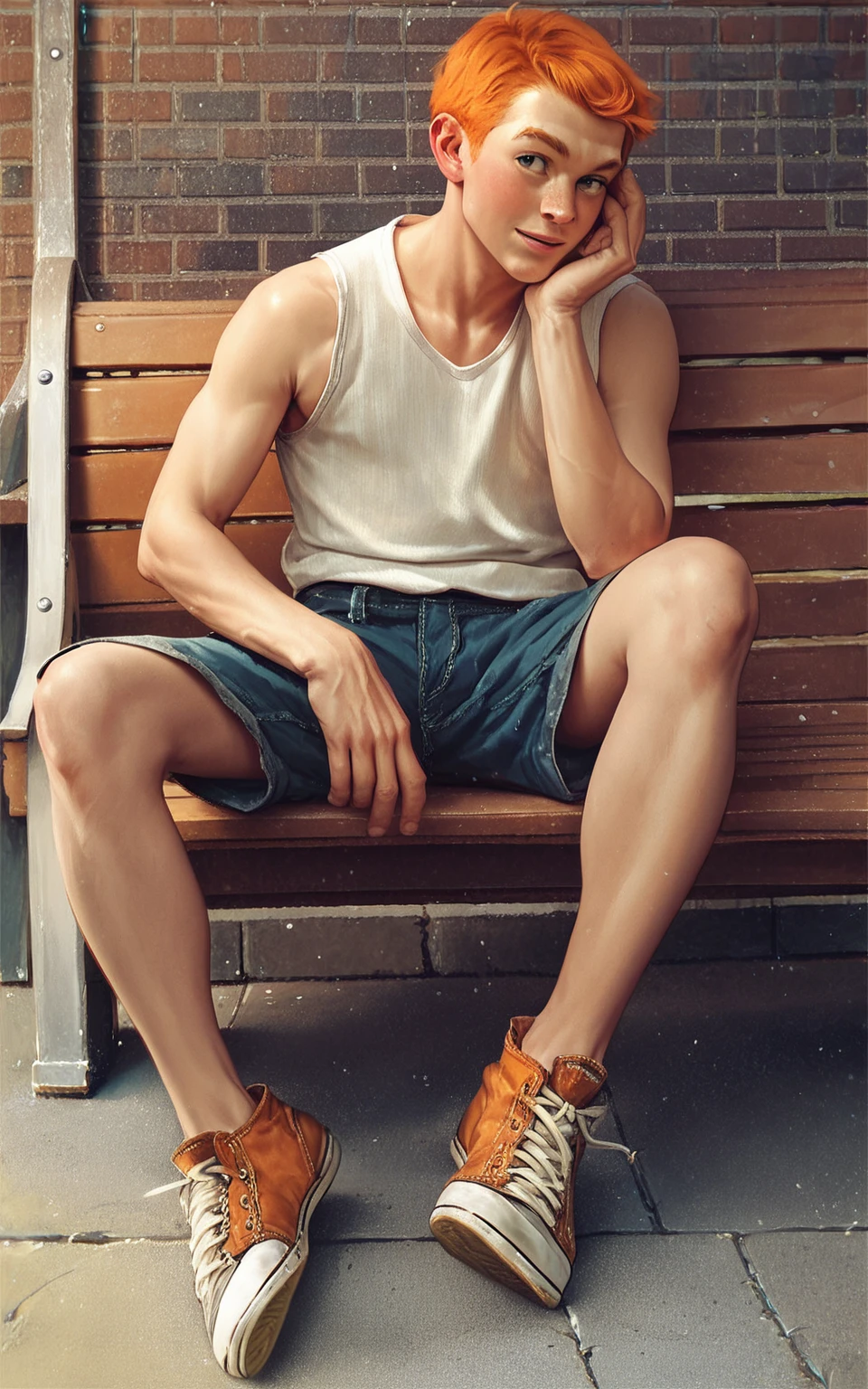 1boy, solo, norman rockwell style, young man, converse shoes, shorts, legs, white sleeveless shirt, short orange hair, brick wall, sitting, bench, detailed face,

score_9, score_8_up, score_7_up, score_6_up, score_5_up, score_4_up, rating_safe,