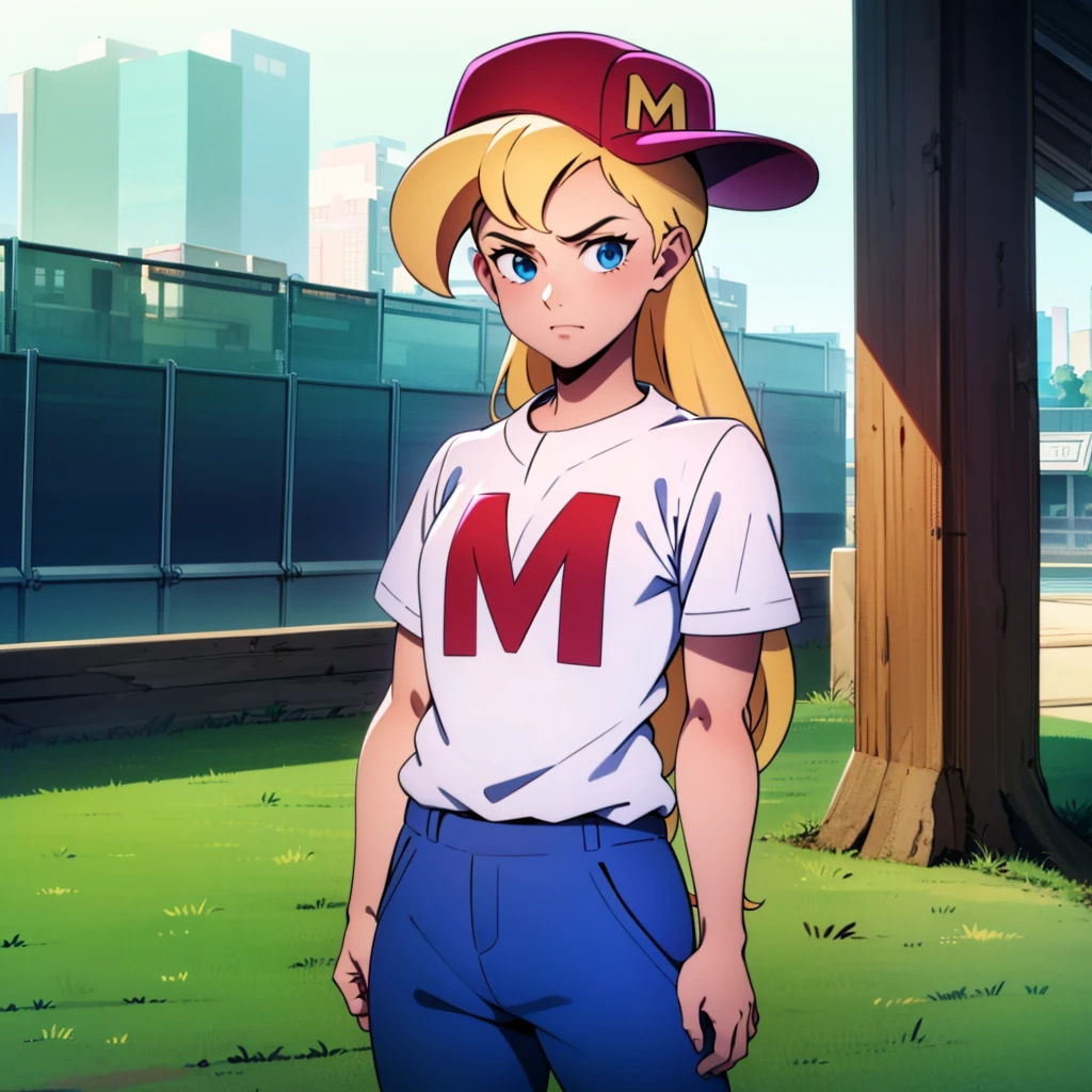 1girl, solo, Maxine, blonde hair, long hair, red hat, white shirt, blue eyes, short sleeves shirt, baseball cap, blue pants, white shoes, <lora:Maxine_MightyMax_Leaf3:0.8>, cowboy shot, official art, vibrant, high quality, looking at viewer,
