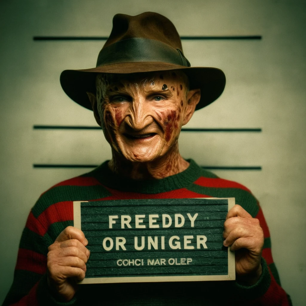 cinematic film still of  <lora:Mugshots style:0.8> (((mugshot  wall)))
A Mugshot photo of freddy krueger a man in a hat holding a sign behind a mugshot wall,solo,smile,shirt,1boy,hat,holding,male focus,striped,english text,facial hair,meme,striped shirt ,  mugshot style <lora:Freddy Krueger:1>, shallow depth of field, vignette, highly detailed, high budget, bokeh, cinemascope, moody, epic, gorgeous, film grain, grainy