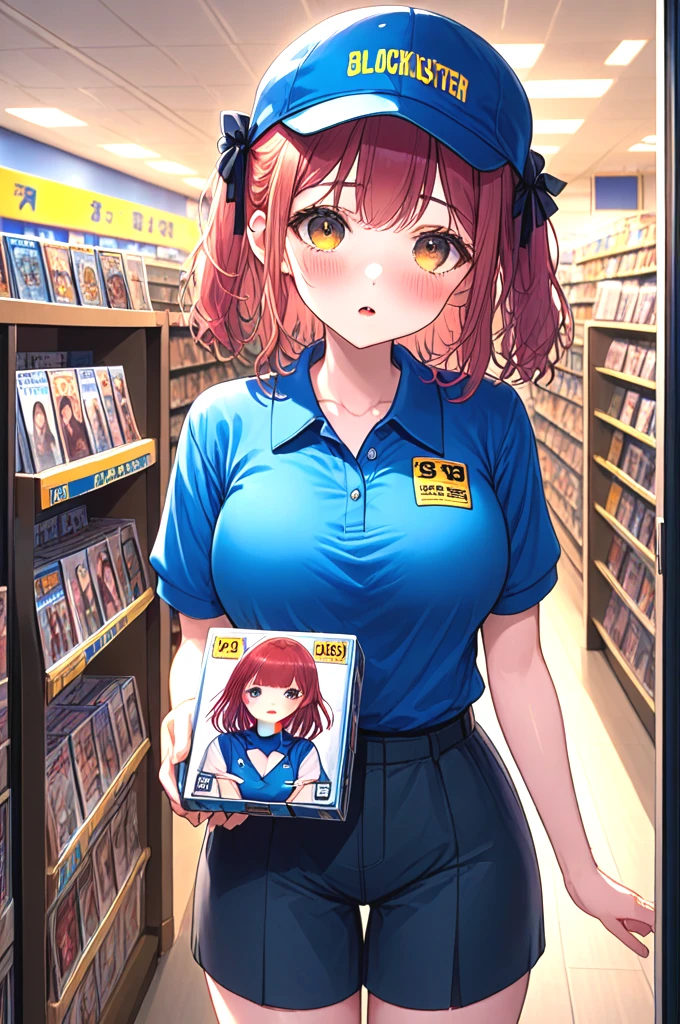 blockbuster, 2girls, score_9, score_8_up, score_7_up, score_6_up, score_5_up,  score_4_up, solo, 1girl in short dress, holding a video rental store portrait cover goods, blue cap, blue polo shirt, pants, look at each other, indoor, counter, storefront, glass door, parted lips, different colors hair, big tits, ribbon, sweat, shy, blush, slim figure, <lora:girllikeblockbuster_pony:0.9>