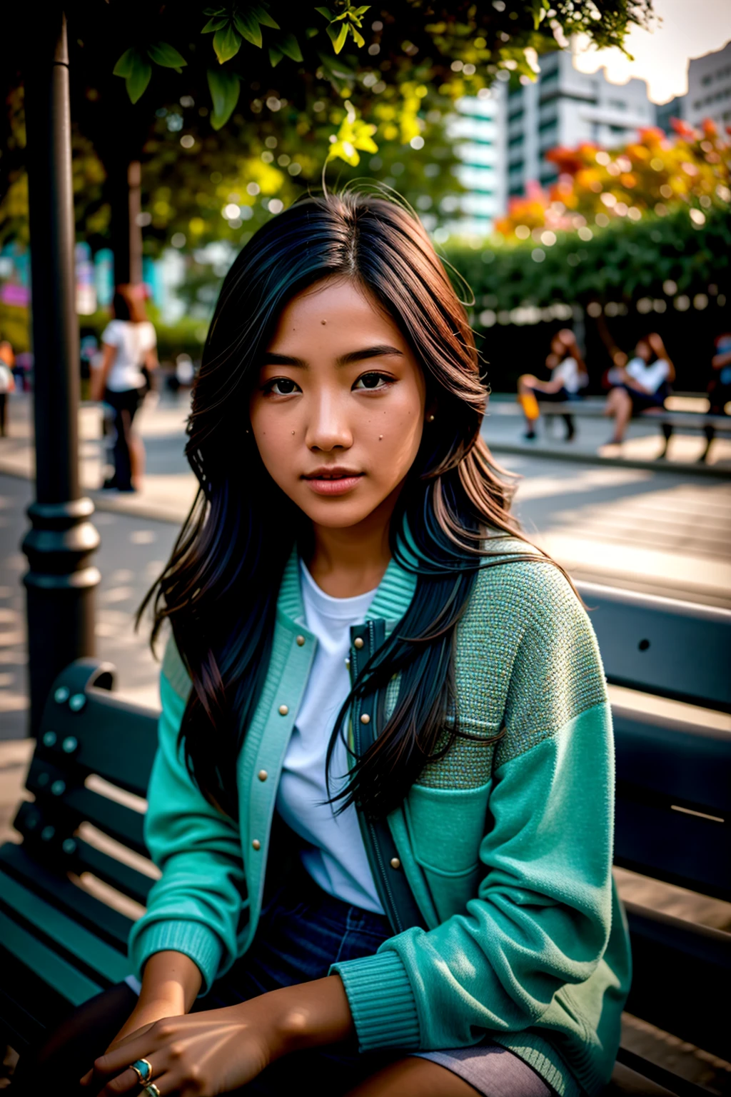 Medium format photorealistic highly detailed 8k photography, (Plain young woman with casual street wear sitting on park bench:1.2), Best street shot quality, Volumetric lighting, Looking sideways with realistic skin and hair texture, (Underwater angles:1.3), Busy secret garden pathways under moonlight captured with a Phase One XF IQ4 150MP Camera, Blue Ring 35-75mm lens, Clear shadows, Rich in details, Highly defined