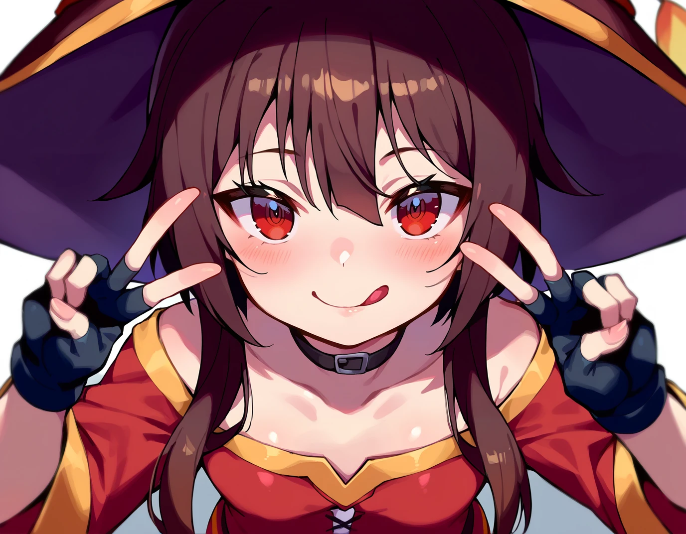 score_9, score_8_up, score_7_up, score_6_up, source anime, BREAK
<lora:konosuba_megumin:0.8> nimugempnxl, megumin, 1girl, solo, short hair with long locks, small breasts, from above,
tongue out, fingerless gloves, witch hat, looking at viewer, black choker, collarbone, :p, blush, smile, double v, hair between eyes, hands up, v