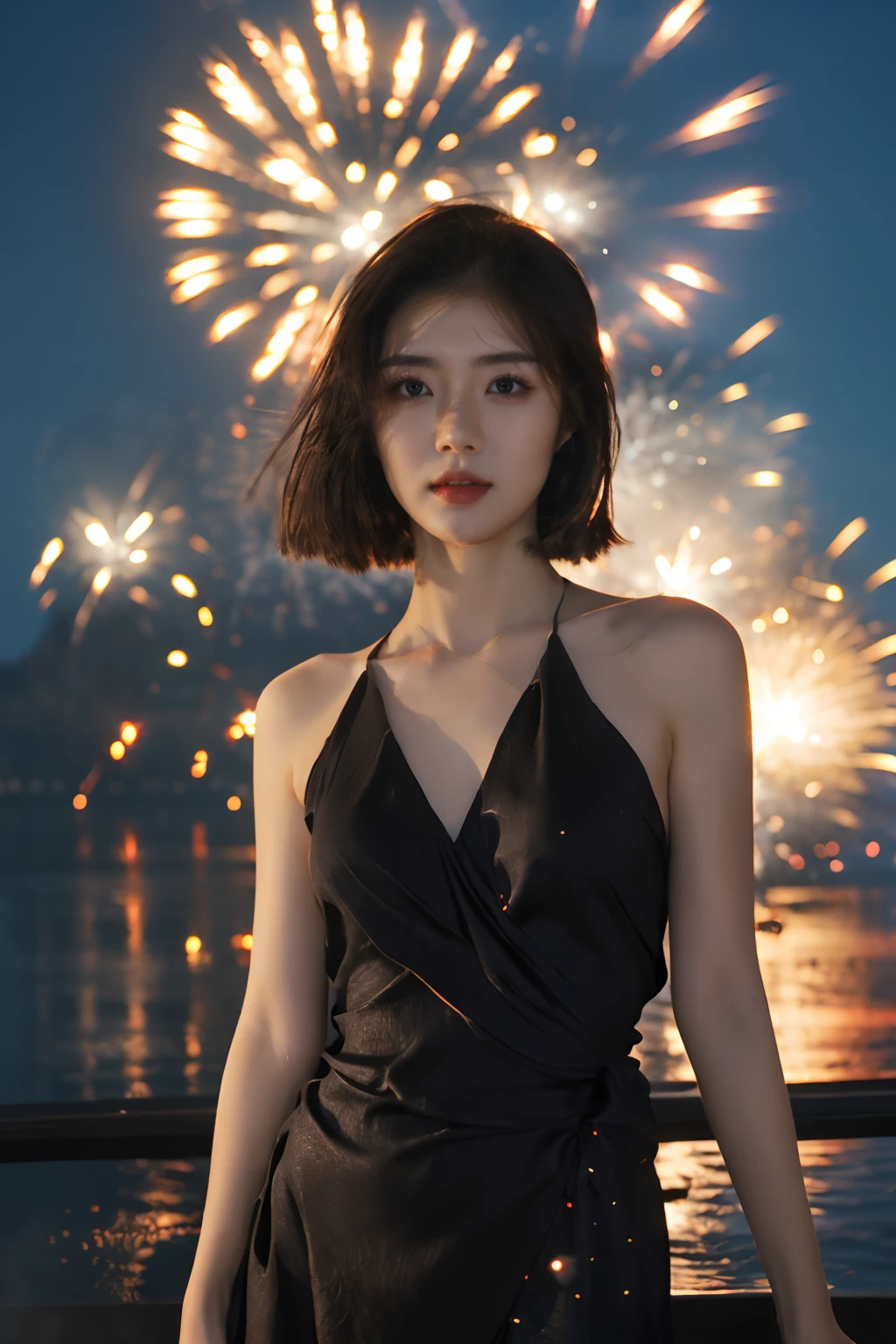 solo,1girl,dress,black hair,realistic,upper body,looking at viewer,elegant girl,(Wrap_top:1.5),fire,fireworks,night,<lora:disillusion Â· fireworks:1>,