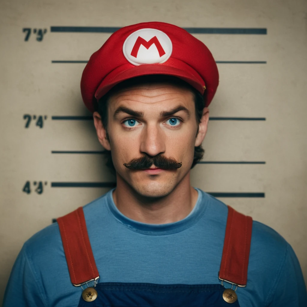 cinematic film still of  <lora:Mugshots style:0.8> (((mugshot  wall)))
A Mugshot photo of super Mario bros. a man in a red hat and overalls is mugshoting behind a mugshot wall,solo,looking at viewer,blue eyes,brown hair,shirt,1boy,hat,closed mouth,upper body,male focus,english text,facial hair,red shirt,red headwear,realistic,mustache,overalls,blue overalls,mario ,  mugshot style, shallow depth of field, vignette, highly detailed, high budget, bokeh, cinemascope, moody, epic, gorgeous, film grain, grainy